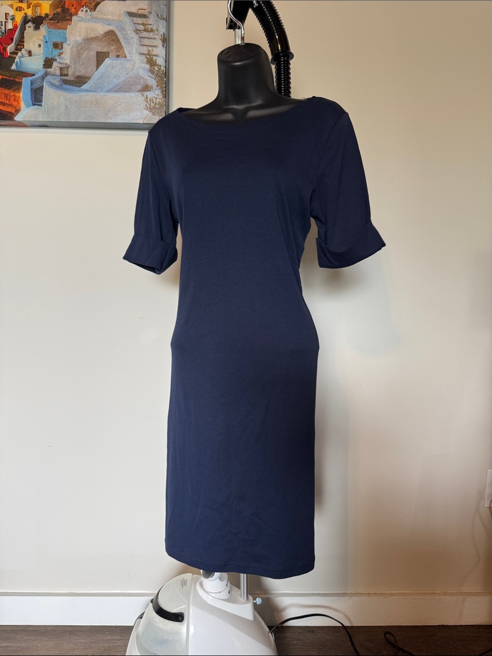 Karen Scott Navy Midi Sheath Dress with Cuffed Sleeves